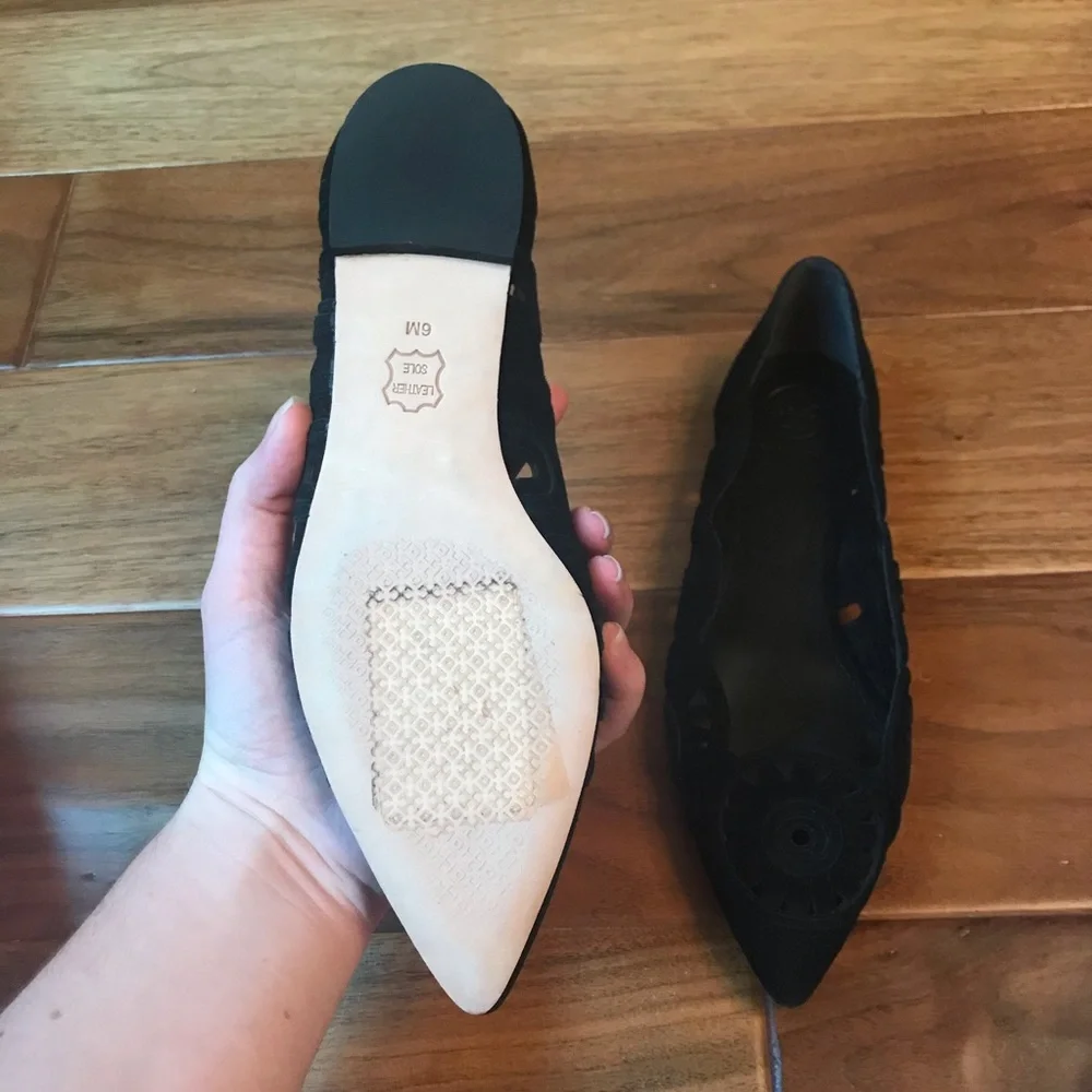 Tory Burch Leyla Suede Laser Cut Black Flat Size 6 NEW